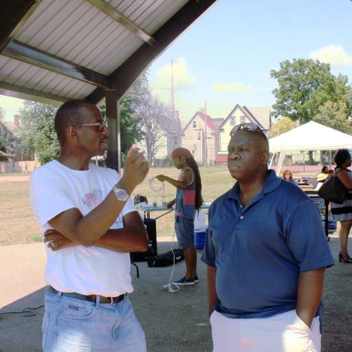 Open Buffalo's Tommy McClam and teaching artist Stacey Robinson at the July 28 community cookout and press conference.
