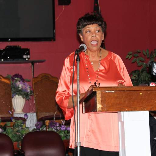 Ruth Bryant, chairperson of the Willert Park Village Community Association, delivers remarks about the impacts of gentrification.