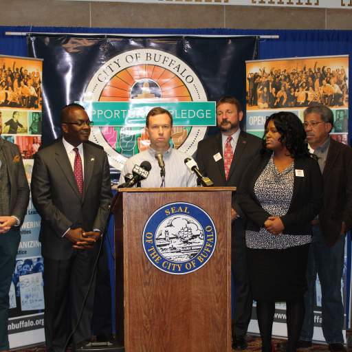 Open Buffalo Advisory Board member Aaron Bartley delivers remarks before the signing of the City of Buffalo Opportunity Pledge.