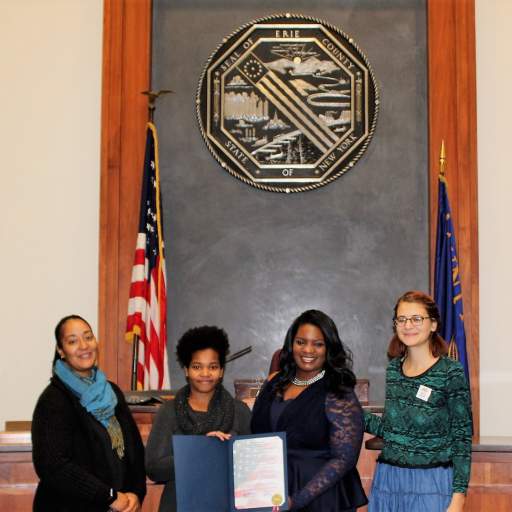 Open Buffalo staff and interns with Majority Leader April Baskin, highlighting the proclamation of November as Anti-Displacement Month in Erie County.