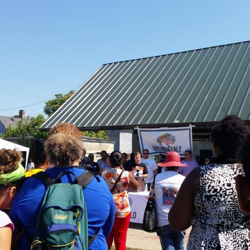 Open Buffalo partners take to the microphone at Massachusetts Avenue Park.
