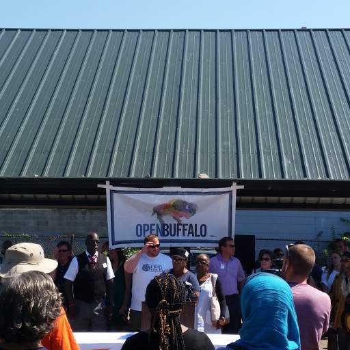 Open Buffalo partners take to the microphone at Massachusetts Avenue Park.